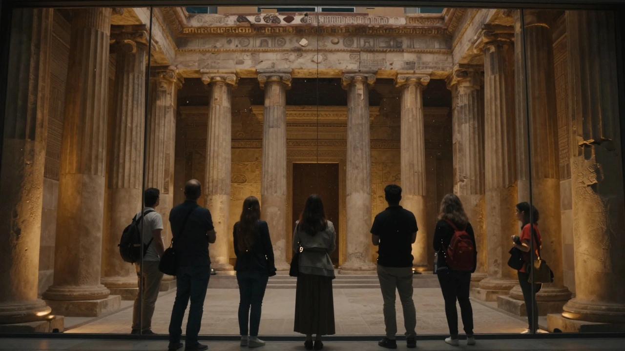 The reconstructed Temple of Mithras lit by amber light, with visitors standing in awe before ancient stones.