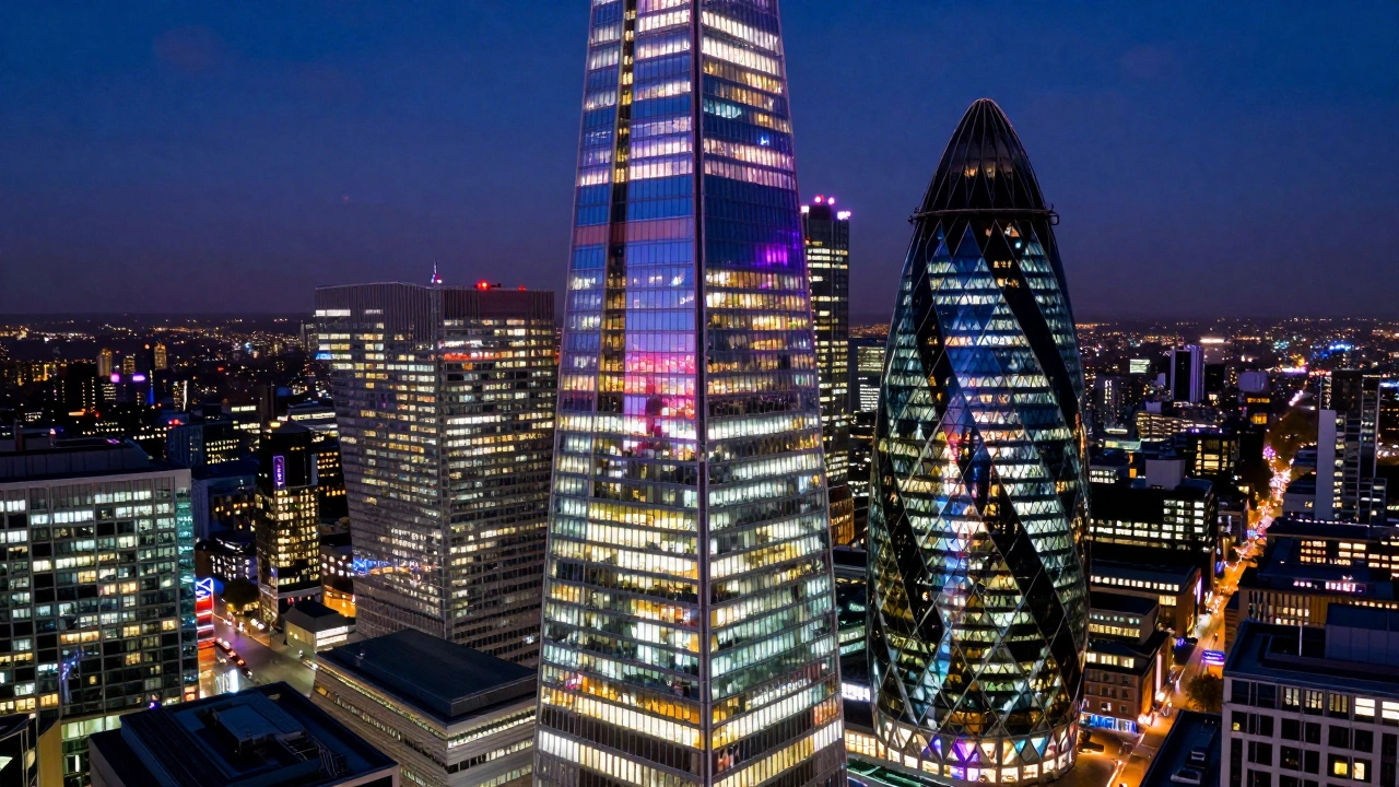 The Shard skyscraper lit up against the London night skyline from above.