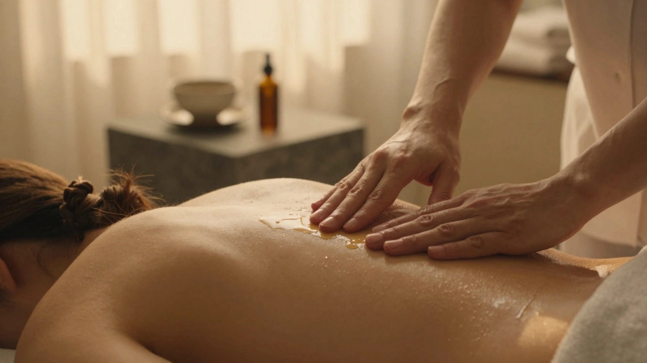 Therapist's hands applying oil to a client's back in warm, soft lighting.