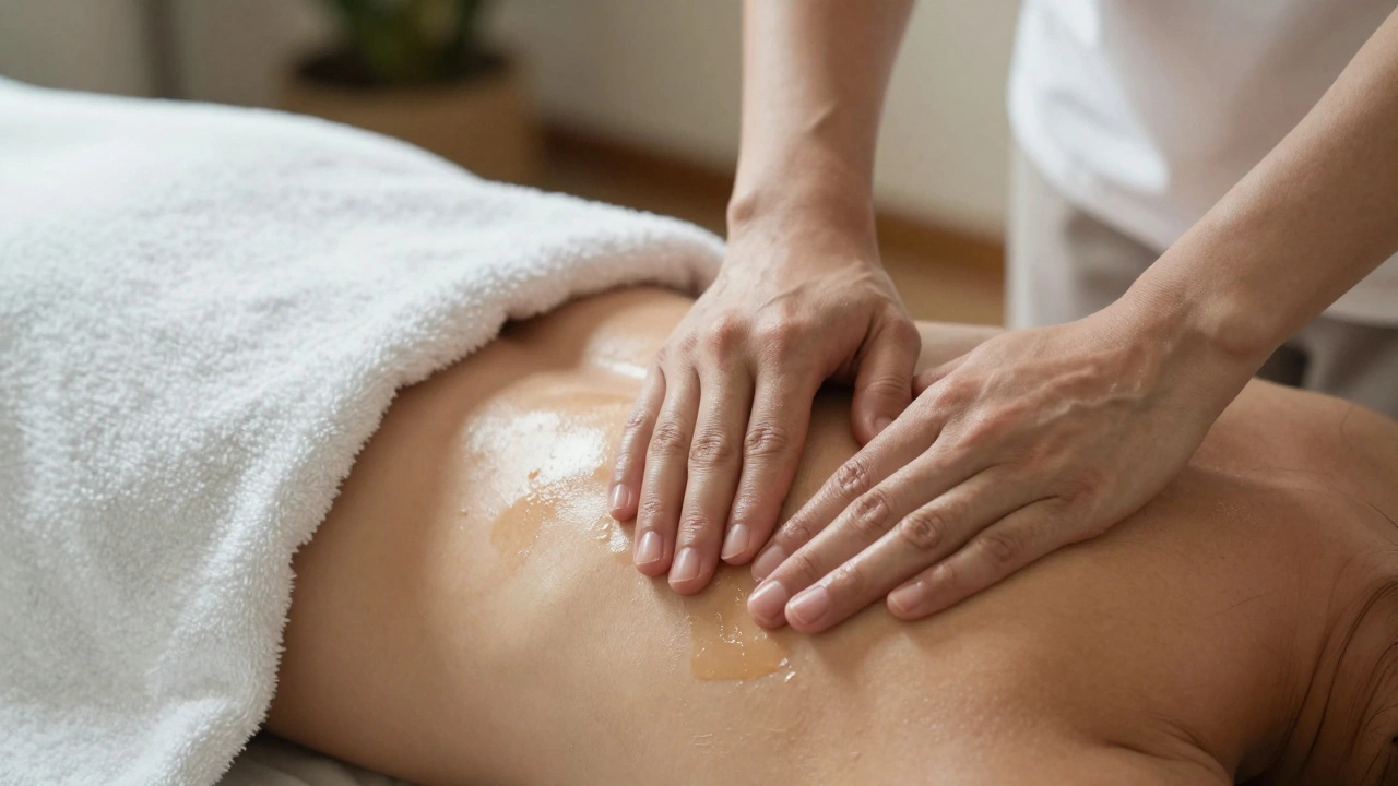 Therapist's hands gently massaging a shoulder with towel coverage, oil glistening under warm light.