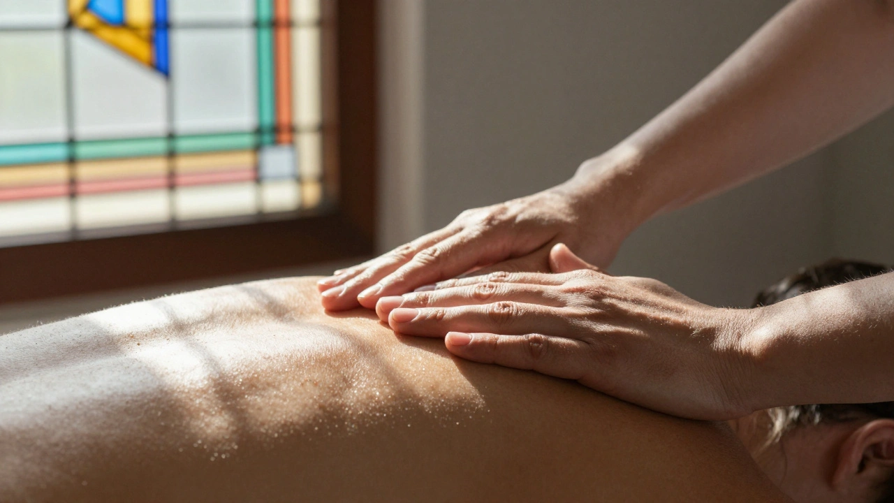 Therapist's hands gently working on a shoulder with sunlight filtering through a stained-glass window.