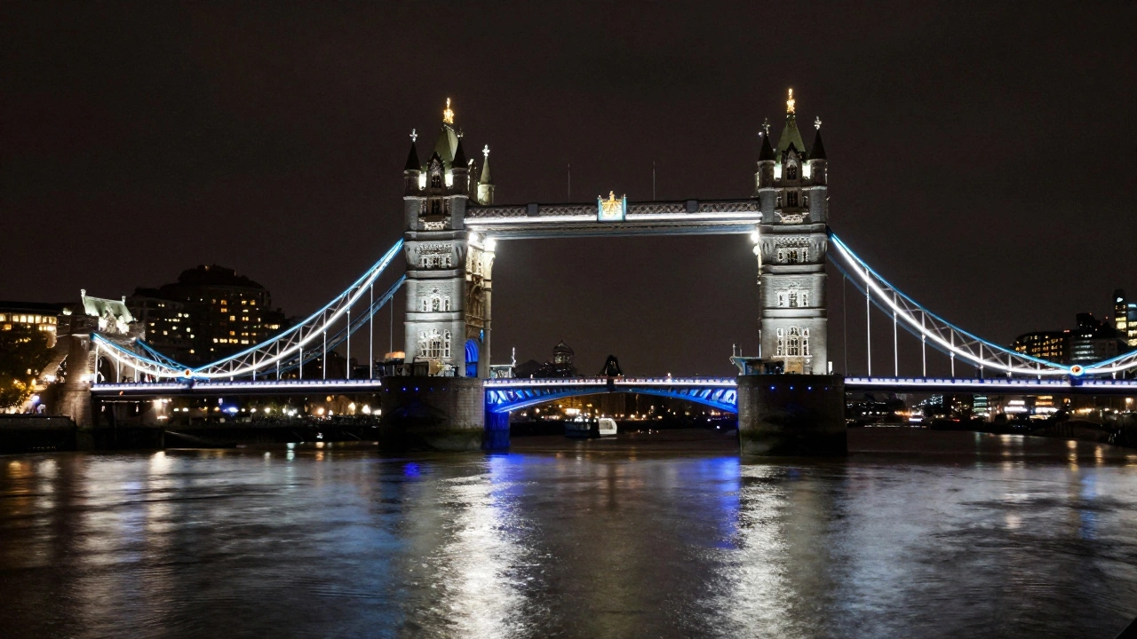 Tower Bridge glowing blue and white over the dark River Thames at night.
