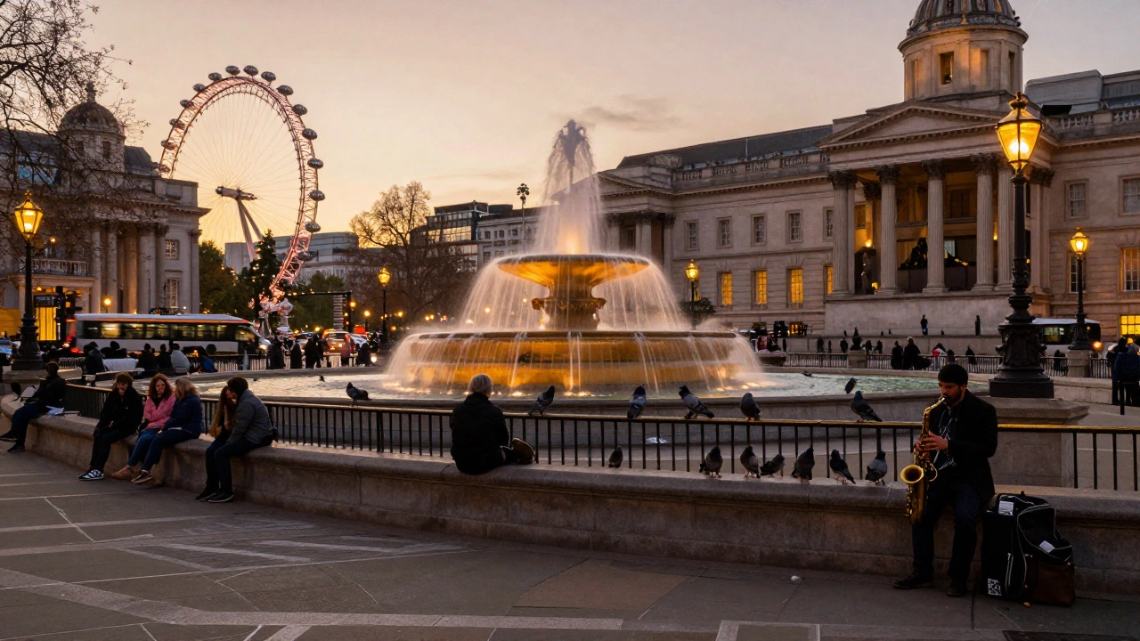 Trafalgar Square at night, fountains glowing softly, empty steps, and a saxophonist packing up as pigeons settle quietly.