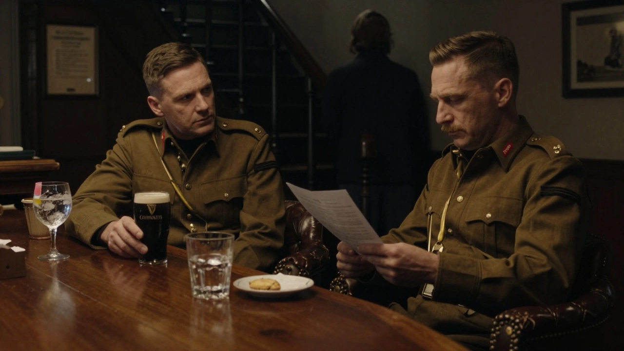 Two MPs converse in the dimly lit Strangers' Bar, empty glasses and a crumpled note on the bar, no windows in sight.