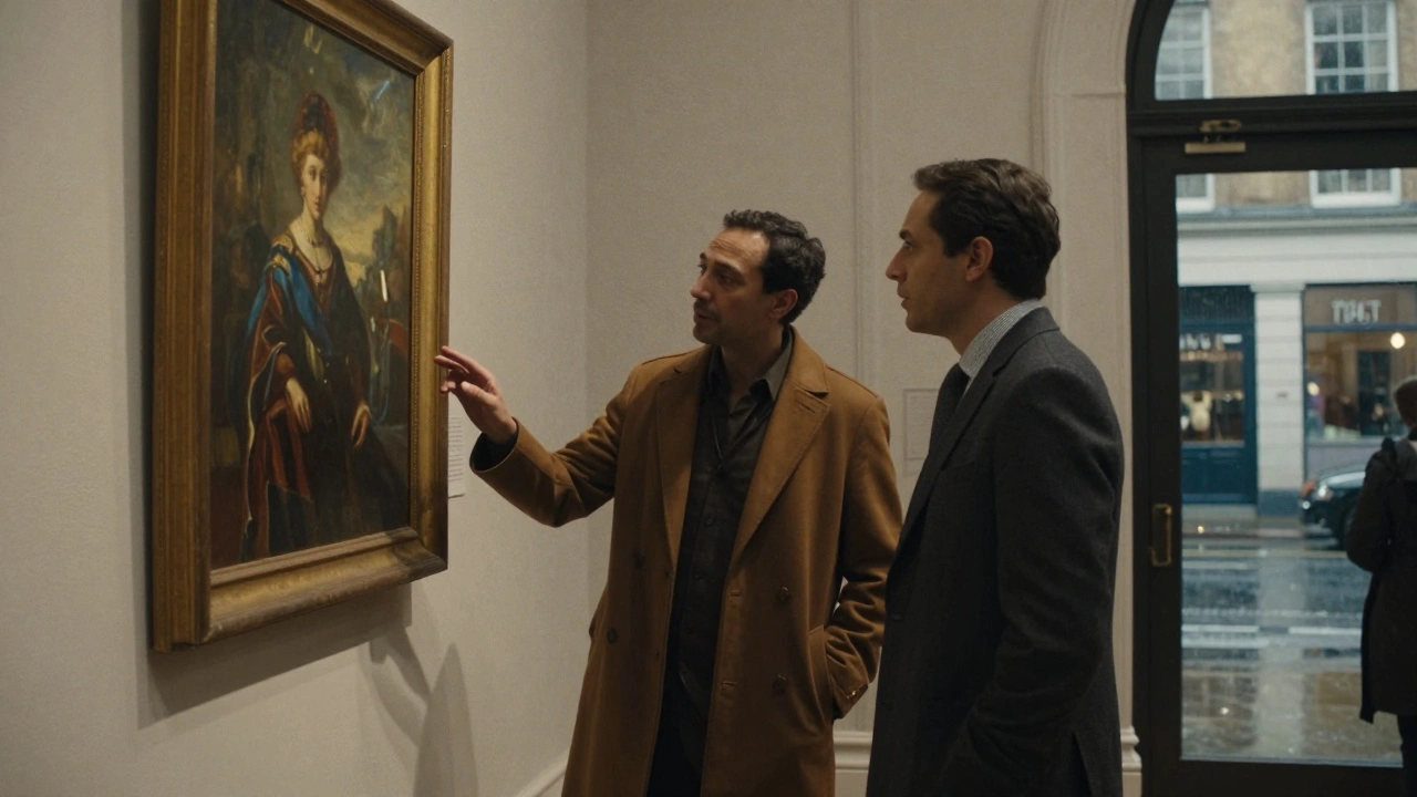 Two people discussing art piece in shop with rain outside