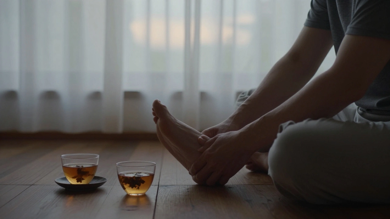 Two people sharing a quiet foot massage, sitting cross-legged in a peaceful home setting.