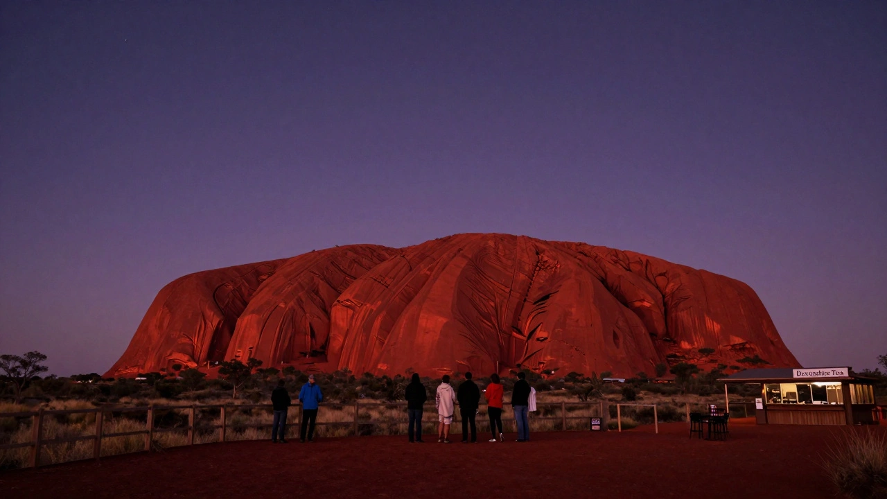 Uluru glowing at sunset in the Australian Outback with viewers and tea café nearby.