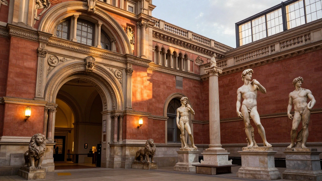 Victoria and Albert Museum's ornate terracotta façade with stone lions at entrance, bathed in golden hour light.