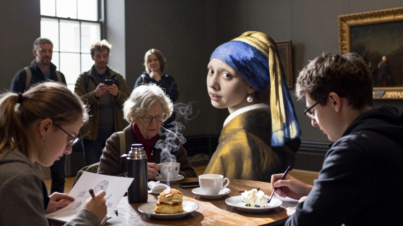 Visitors gathered before Vermeer’s painting in the National Gallery, with scones and tea on a table nearby.