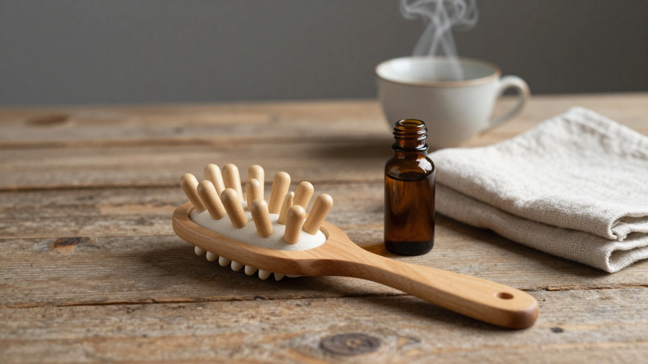 Wooden scalp massager and bottle of oil on a wooden table with a teacup and towel.