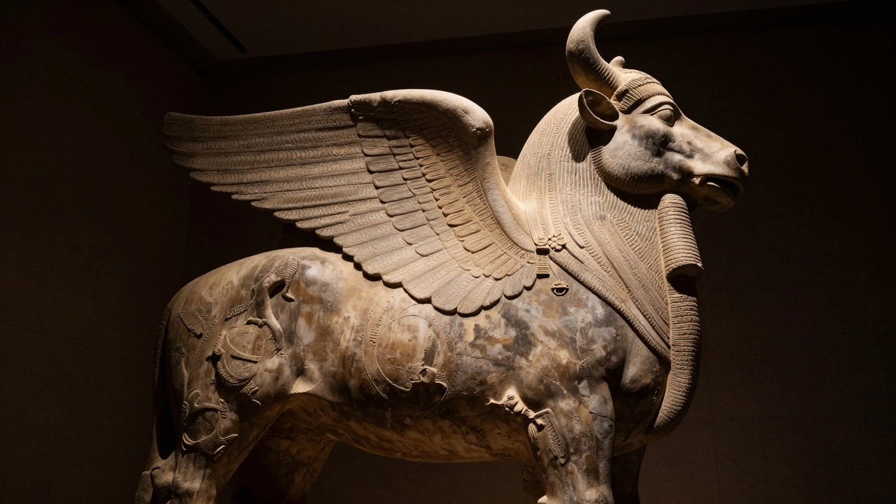 A massive stone Lamassu winged bull statue in the Assyrian gallery