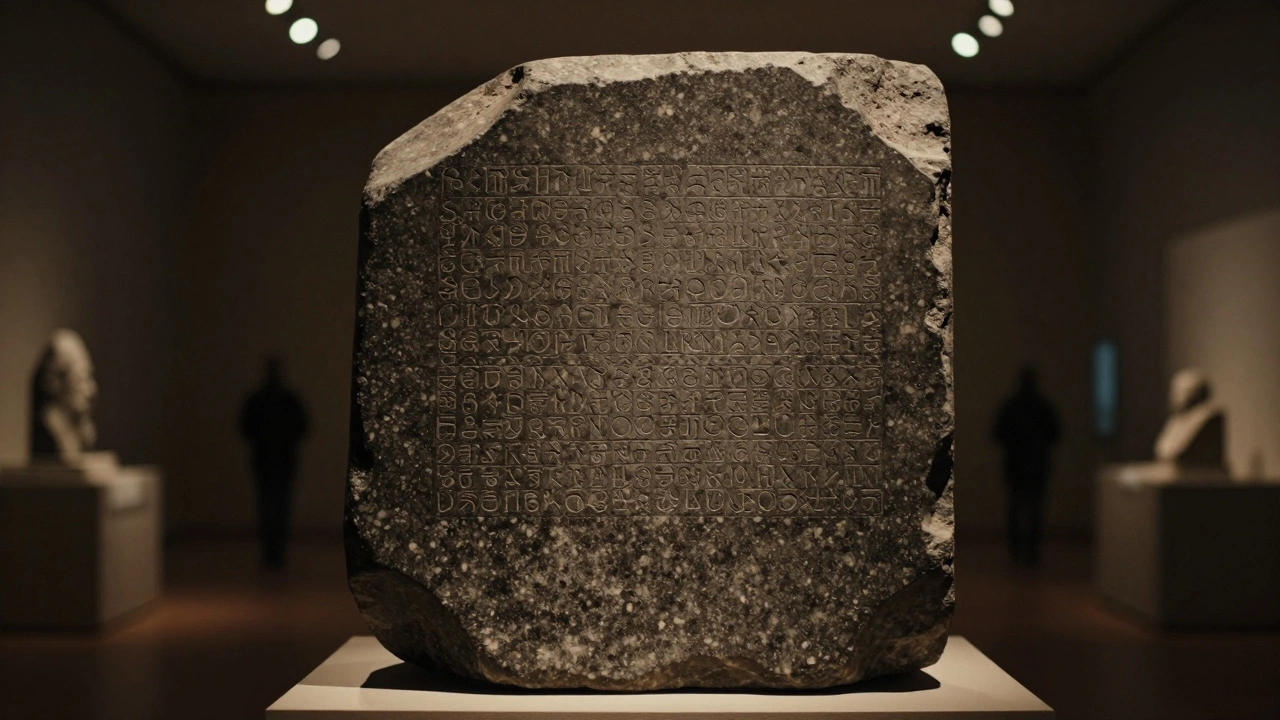 Close-up of the Rosetta Stone displayed in a museum gallery