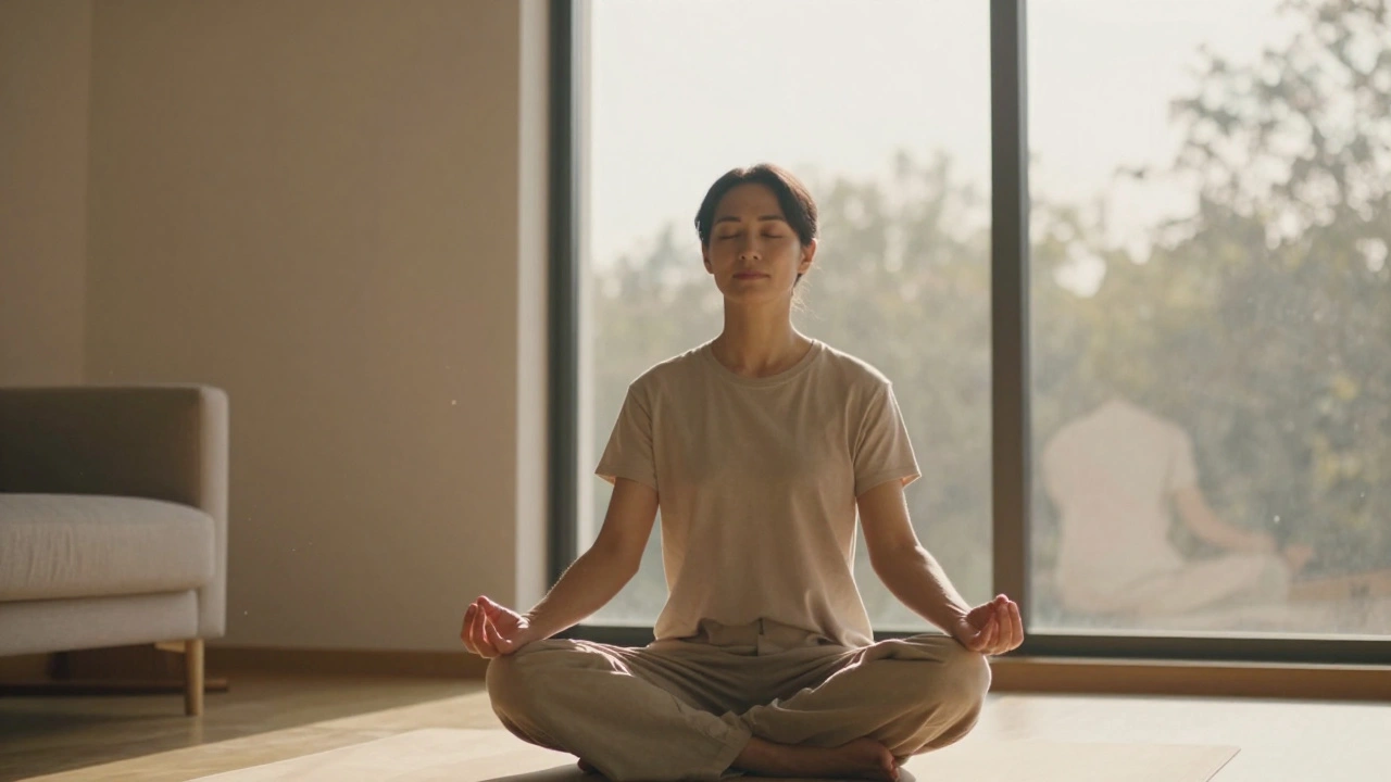 Woman meditating peacefully in golden sunlight.