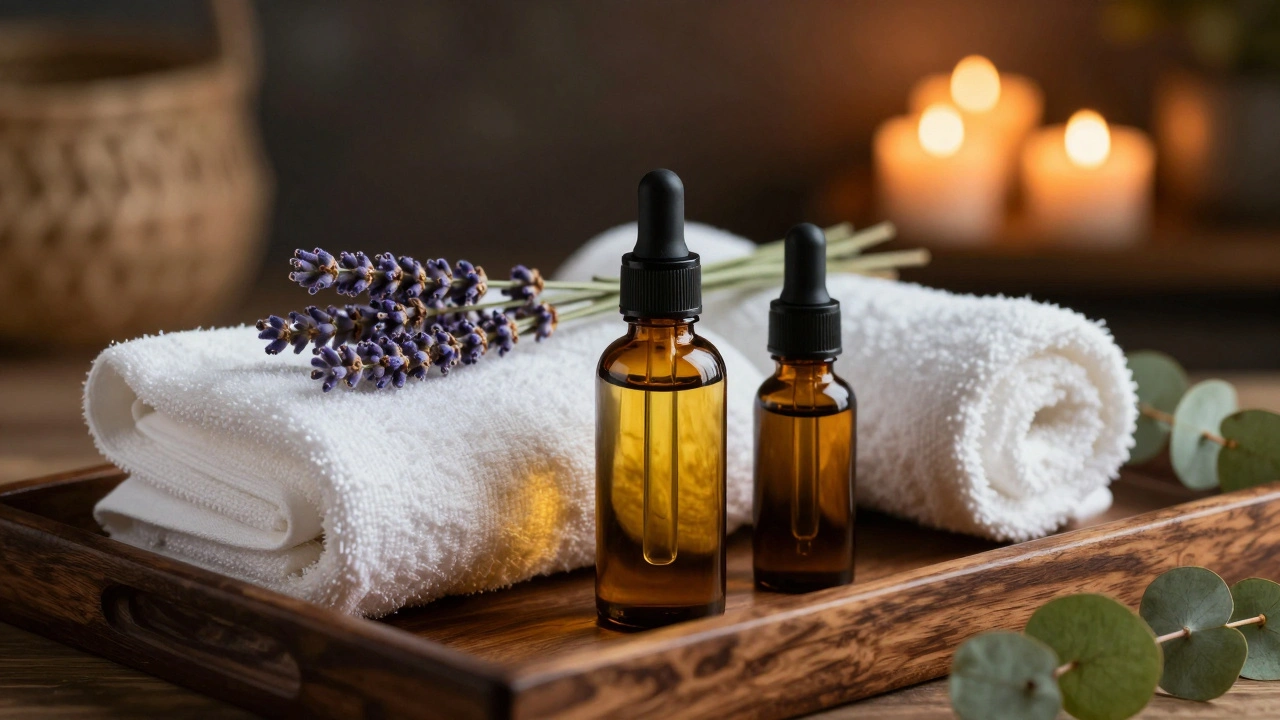 Wooden tray with therapeutic oils and eucalyptus in dim light.